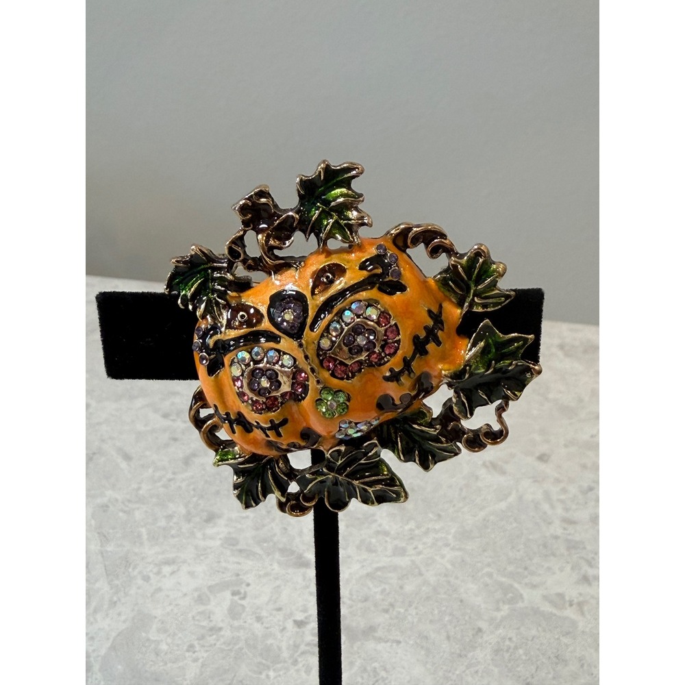 Halloween Sugar Skull Pumpkin Brooch Orange Enamel Rhinestone Jack-O-Lantern Pin